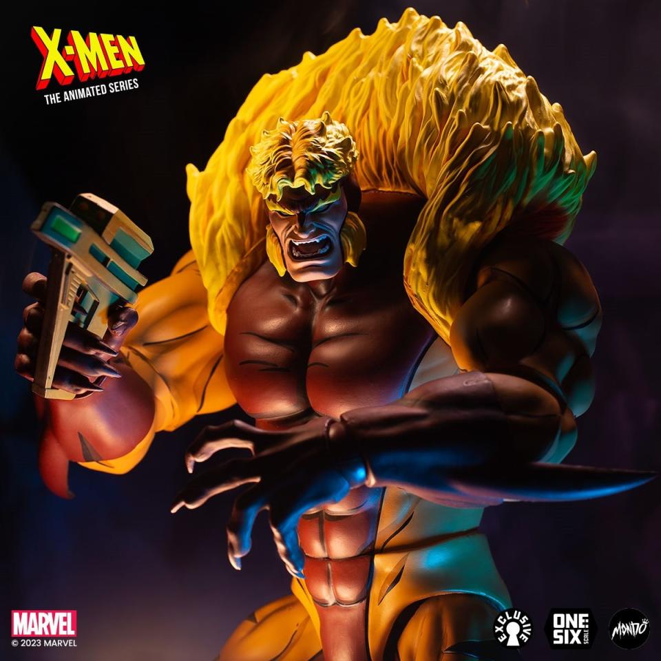 Mondo's X-Men: The Animated Series Sabretooth 1/6 figure in a close-up shot.