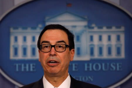 Treasury Secretary Steven Mnuchin answers question from reporters about the United States new sanctions on Iran at the White House in Washington D.C.
