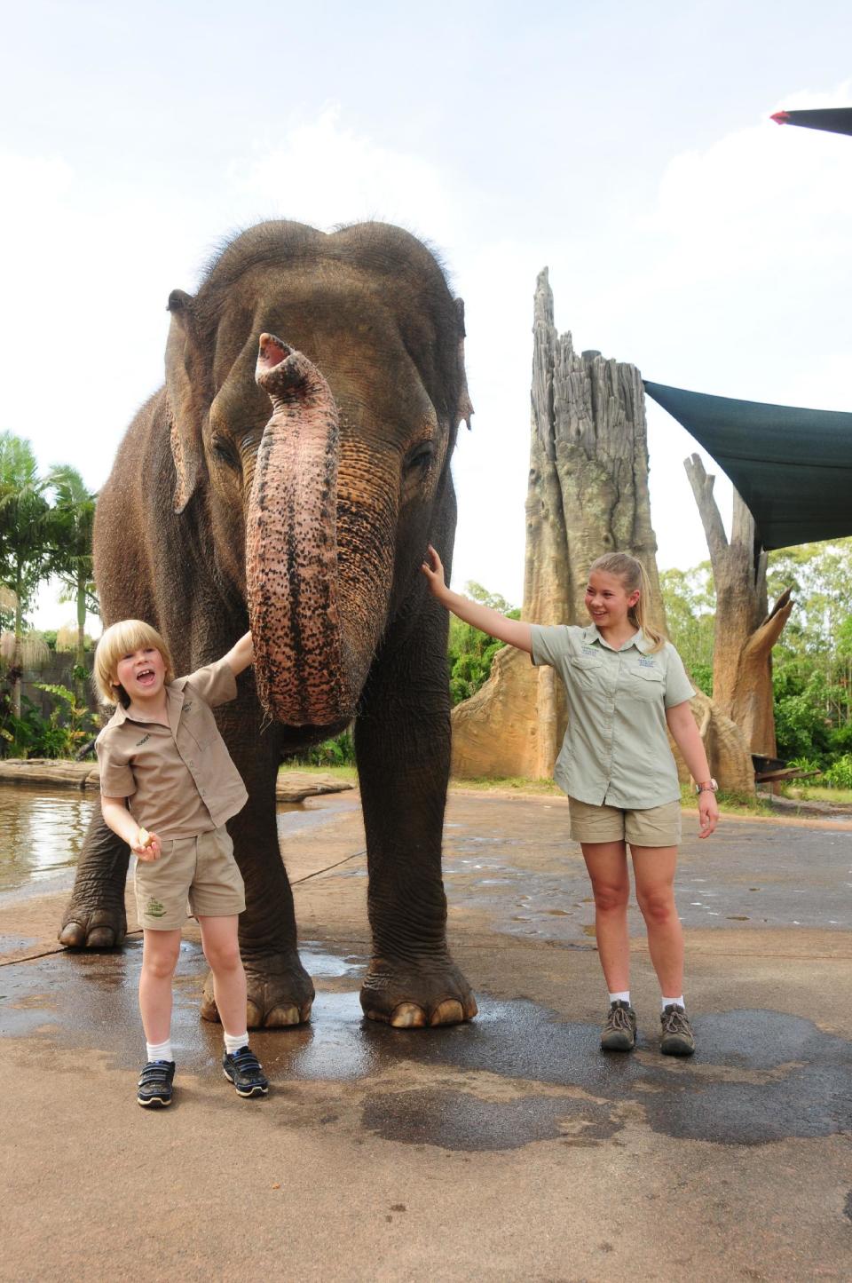 This undated image provided by "Growing Up Wild", shows Robert Irwin, 8, left and Bindi Irwin,13, during the taping of an episode of “Growing Up Wild” at the Australia Zoo, in Brisbane, Aus. joined by an Asian elephant. “Growing Up Wild,” from Fremantle Media, can be seen exclusively on The Pet Collective, a new YouTube channel. (AP Photo/Growing Up Wild)