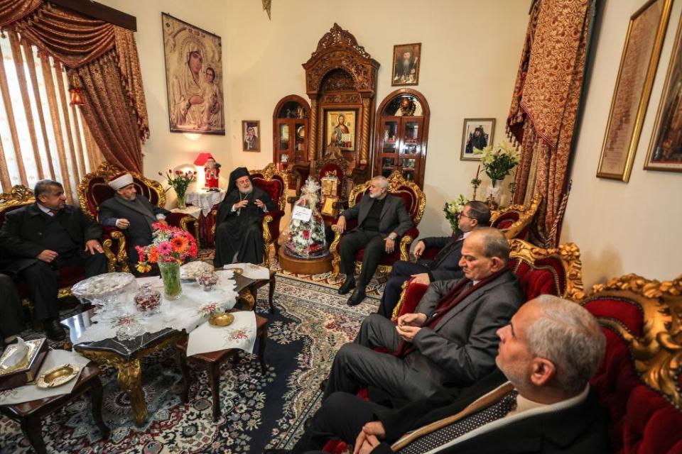 Head of the Political Bureau of Hamas, Ismail Haniyeh meets Archbishop Alexios at Saint Porphyrius Church