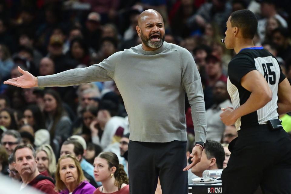 Mar 29, 2024; Cleveland, Ohio, USA; Cleveland Cavaliers head coach J.B. Bickerstaff argues a call with referee Robert Hussey (85) during the first half against the Philadelphia 76ers at Rocket Mortgage FieldHouse. Mandatory Credit: Ken Blaze-USA TODAY Sports