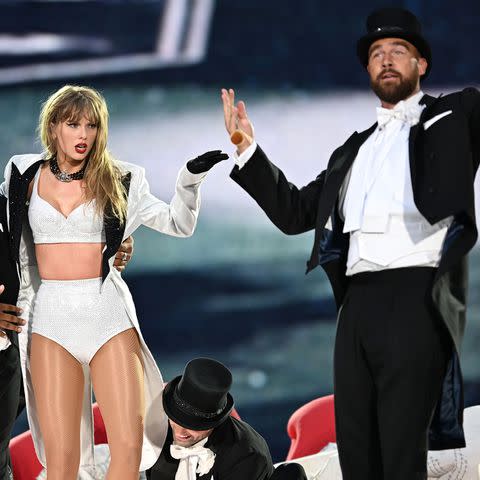 <p>Gareth Cattermole/TAS24/Getty</p> Taylor Swift and Travis Kelce