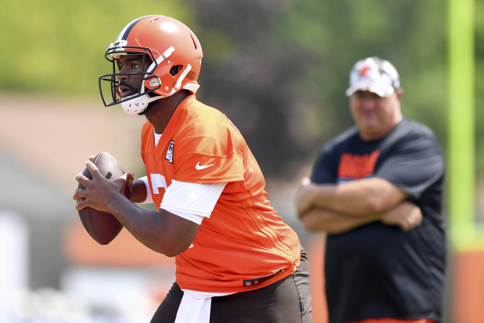 Cleveland Browns quarterback Jacoby Brissett takes part in drills during the NFL football team's training camp, Monday, Aug. 1, 2022, in Berea, Ohio. (AP Photo/Nick Cammett)