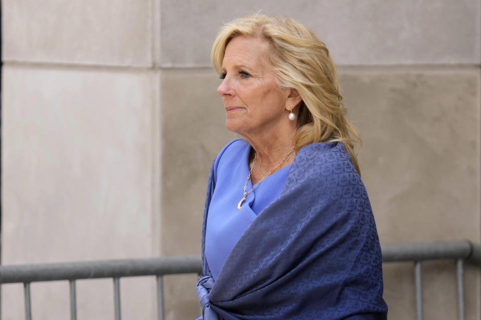 First lady Jill Biden departs from federal court Friday, June 7, 2024, in Wilmington, Del. (AP Photo/Matt Slocum)