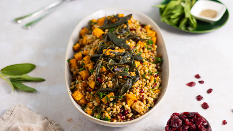 Cranberry and sage pearl couscous on plate 