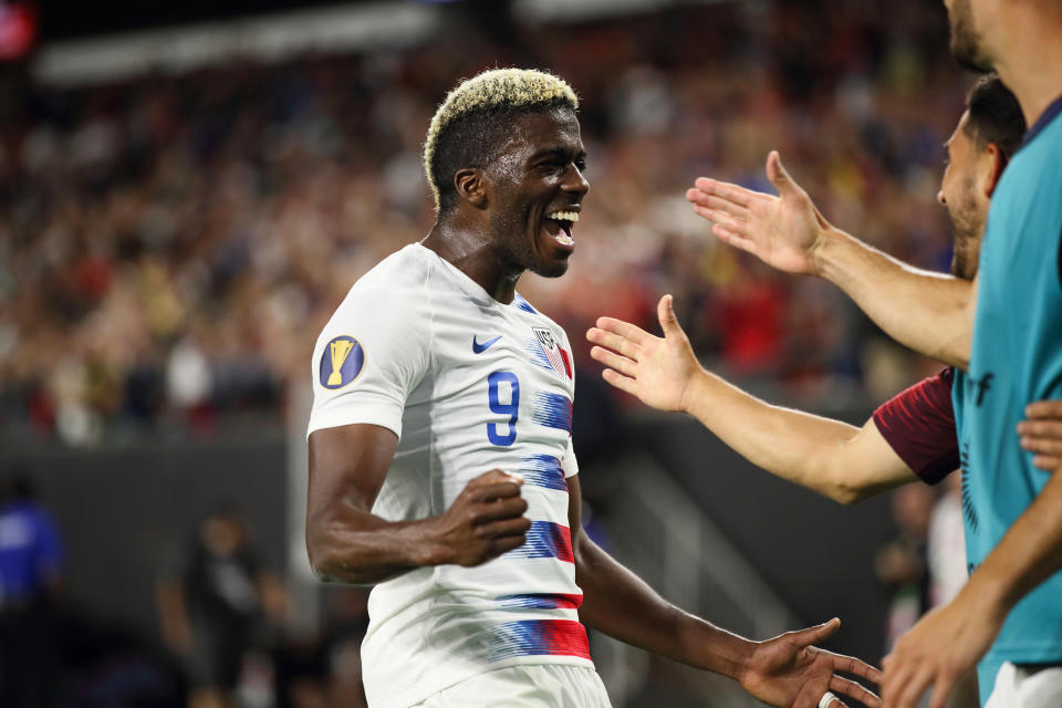 CLEVELAND, OH - JUNE 22: Gyasi Zardes of USA celebrates after scoring a goal to make it 4-0 during the Group D 2019 CONCACAF Gold Cup fixture between United States of America and Trinidad & Tobago at FirstEnergy Stadium on June 22, 2019 in Cleveland, Ohio. (Photo by Matthew Ashton - AMA/Getty Images)