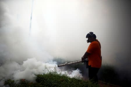 A city worker fumigates the area to control the spread of mosquitoes at a university in Bangkok, Thailand, September 13, 2016. REUTERS/Athit Perawongmetha