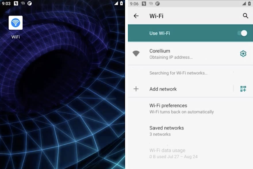 A screenshot showing the "WiFi" app, which presents as a system Wi-Fi app. However, this app is spyware in disguise. The app icon has a blue wireless icon.