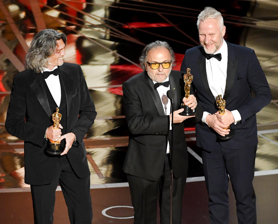 Makeup artists Giorgio Gregorini, Alessandro Bertolazzi and Christopher Nelson accept Best Makeup and Hairstyling for "Suicide Squad" onstage during the 89th Annual Academy Awards at Hollywood &amp; Highland Center on Feb. 26, 2017 in Hollywood, California.&nbsp;