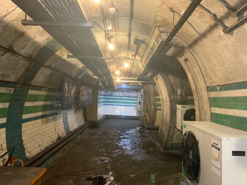 One of the original walkways between platforms at Piccadilly Circus station, London.