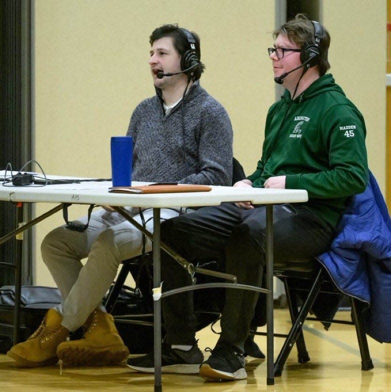 James Madden, right, broadcasts a basketball game at Abington High.