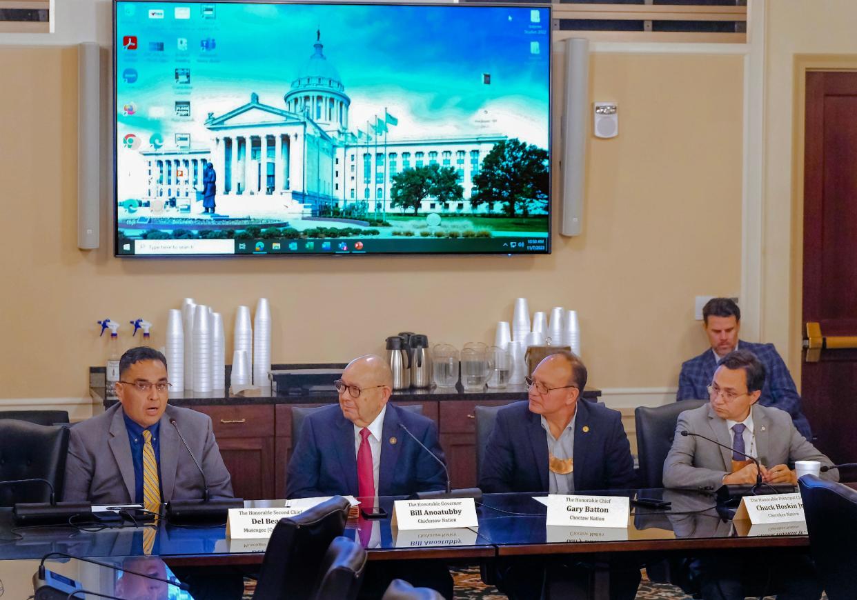 Tribal leaders, from left, Second Chief Del Beaver, Muscogee (Creek) Nation, Gov. Bill Anoatubby, Chickasaw Nation, Chief Gary Batton, Choctaw Nation and Principal Chief Chuck Hoskin Jr, Cherokee Nation, address the committee as House lawmakers begin two-day study on state-tribal compacts at the Oklahoma Capitol, Tuesday, Nov. 7, 2023