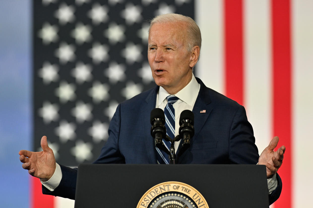 GREENSBORO, USA - APRIL 14: US President Joe Biden delivering remarks on his Administrationâs efforts to make more in America, rebuild our supply chains here at home, and bring down costs for the American people as part of Building a Better America in Greensboro, NC, on April 14, 2022. (Photo by Peter Zay/Anadolu Agency via Getty Images)