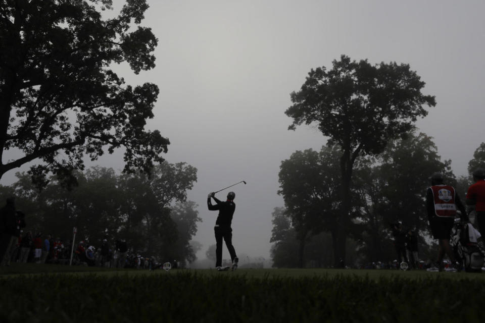 <p>United States’ Jordan Spieth hits from the fourth tee during a foresomes match at the Ryder Cup golf tournament, Sept. 30, 2016, at Hazeltine National Golf Club in Chaska, Minn. (Photo: David J. Phillip/AP)</p>
