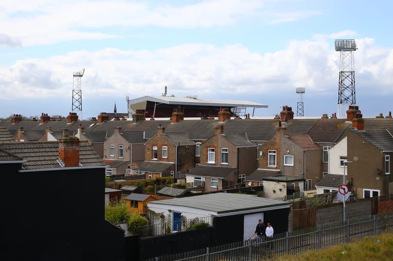 Grimsby's Blundell Park football stadium behind homes in the port town