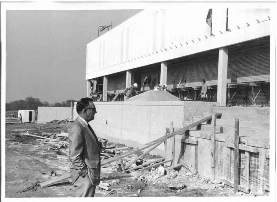 Dr. Harold S. Pryor, the first Columbia State president, oversees construction on the John W. Finney Memorial Library in the early 1970s.
