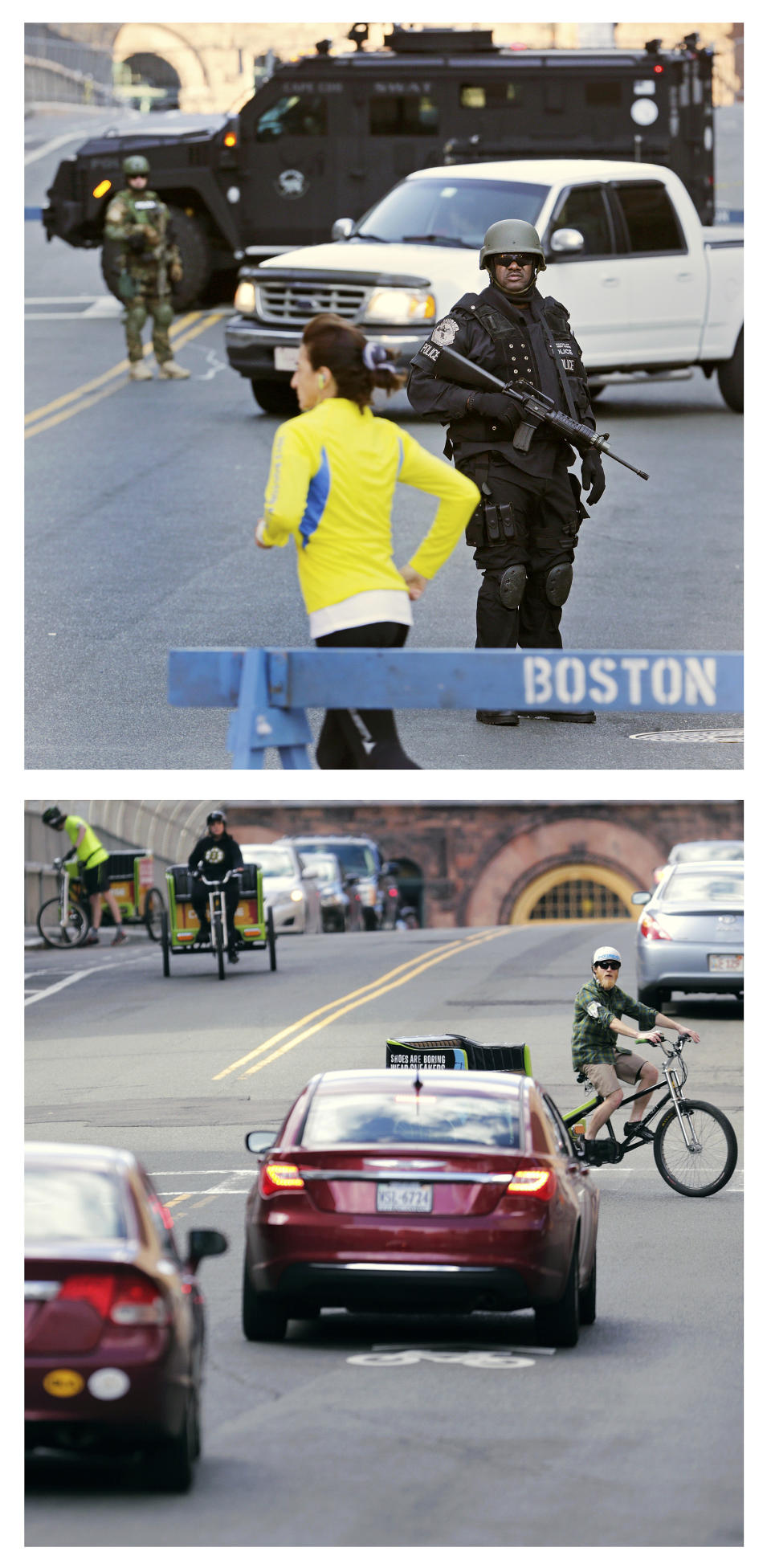 This combination of April 16, 2013 and April 9, 2014 photos show a runner passing a police officer dressed in tactical gear blocking a road leading to the Boston Marathon route the morning after two bomb blasts killed three people and injured 260 more, and traffic on that street almost a year later during a normal weekday in Boston. (AP Photo/Charles Krupa)