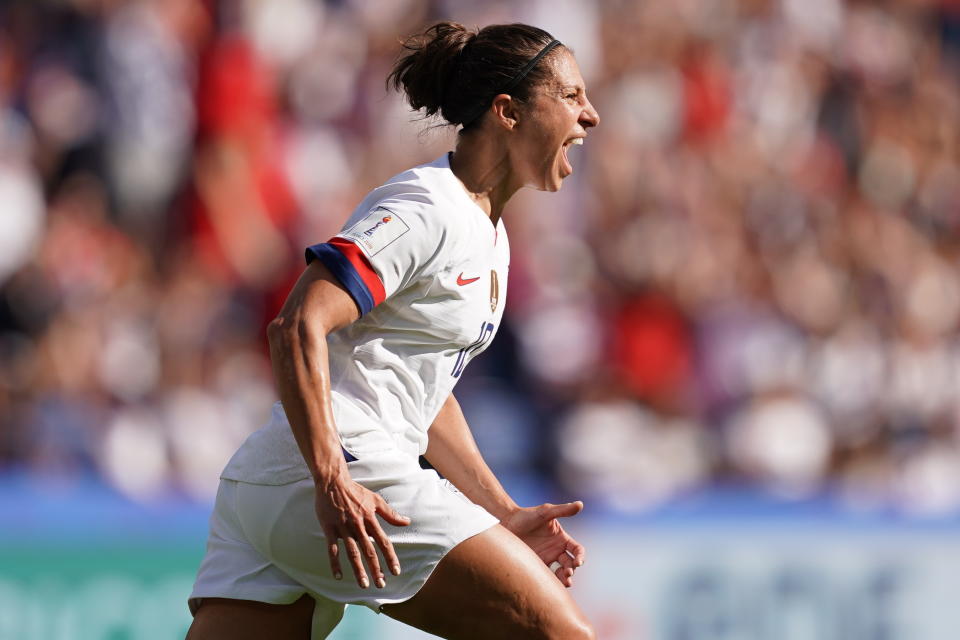 PARIS, FRANCE - JUNE 16: Carli Lloyd of the USA celebrates her goal during the 2019 FIFA Women's World Cup France group F match between USA and Chile at Parc des Princes on June 16, 2019 in Paris, France. (Photo by Daniela Porcelli/Getty Images)