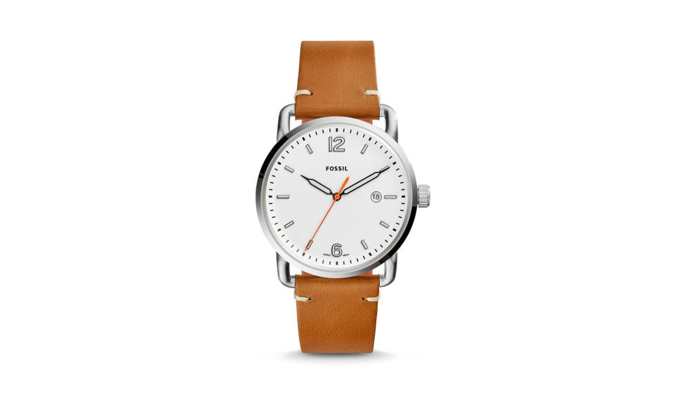 <p>The Commuter Three-Hand Date light brown leather watch, $95, <a rel="nofollow noopener" href="https://www.fossil.com/us/en/products/the-commuter-three-hand-date-light-brown-leather-watch-sku-fs5395p.html" target="_blank" data-ylk="slk:fossil.com;elm:context_link;itc:0;sec:content-canvas" class="link ">fossil.com</a> </p>