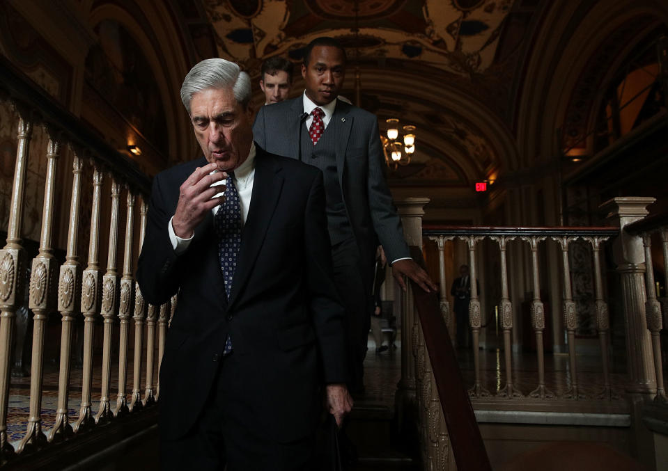 Special counsel Robert Mueller, left arrives at the U.S. Capitol for closed meeting with members of the Senate Judiciary Committee June 21, 2017 in Washington, DC. The committee meets with Mueller to discuss the firing of former FBI Director James Comey.  (Photo: Alex Wong/Getty Images)