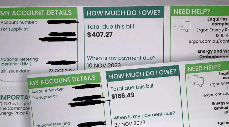 Two energy bills showing total amounts due of $407.27 and $166.49 after a woman worked out the first was an estimation.