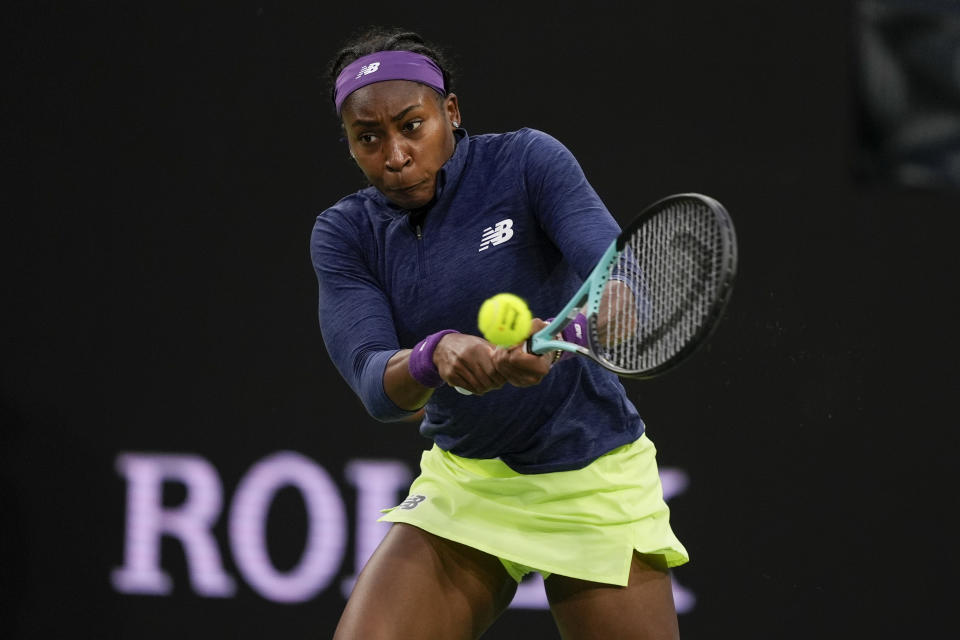 Coco Gauff, of the United States, returns to Maria Sakkari, of Greece, during a semifinal match at the BNP Paribas Open tennis tournament, Friday, March 15, 2024, in Indian Wells, Calif. (AP Photo/Ryan Sun)