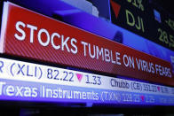 A television screen headlines trading on the floor of the New York Stock Exchange, Monday, Jan. 27, 2020. Stock tumbled at the open on Wall Street following a sell-off in markets in Europe and Japan as investors grow more concerned about the potential economic impact of an outbreak of a deadly coronavirus. (AP Photo/Richard Drew)