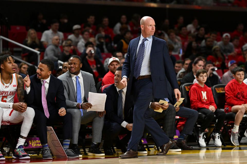 Feb 6, 2024; College Park, Maryland, USA; Maryland Terrapins head coach Kevin Willard walks down the sidelines during the first half against the Rutgers Scarlet Knights at Xfinity Center. Mandatory Credit: Tommy Gilligan-USA TODAY Sports
