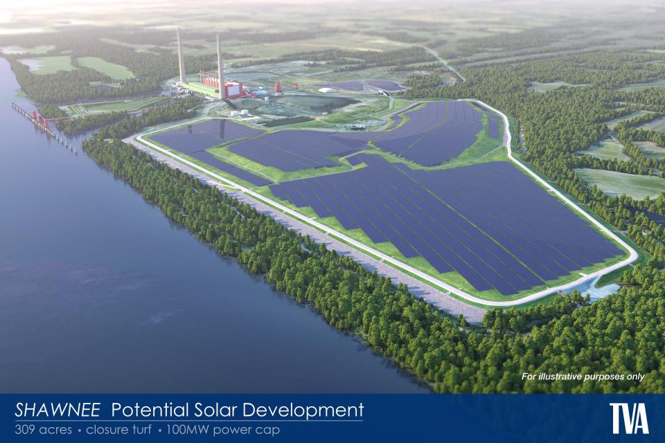 A rendering of a solar farm built on top of a coal ash landfill at the Shawnee Coal Plant in Paducah, Kentucky.