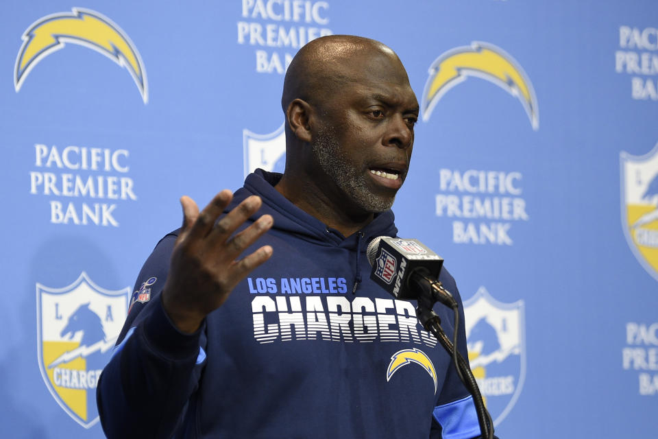 FILE - In this Dec. 15 2019, file photo, Los Angeles Chargers head coach Anthony Lynn speaks after an NFL football game against the Minnesota Vikings, in Carson, Calif. The NFL and the Black College Football Hall of Fame will hold a virtual version of their quarterback coaching summit, a third-year project aimed at improving the league's diversity. Chargers coach Anthony Lynn is among the pro and college coaches planning to participate in the June 22-23 event. (AP Photo/Kelvin Kuo, File)