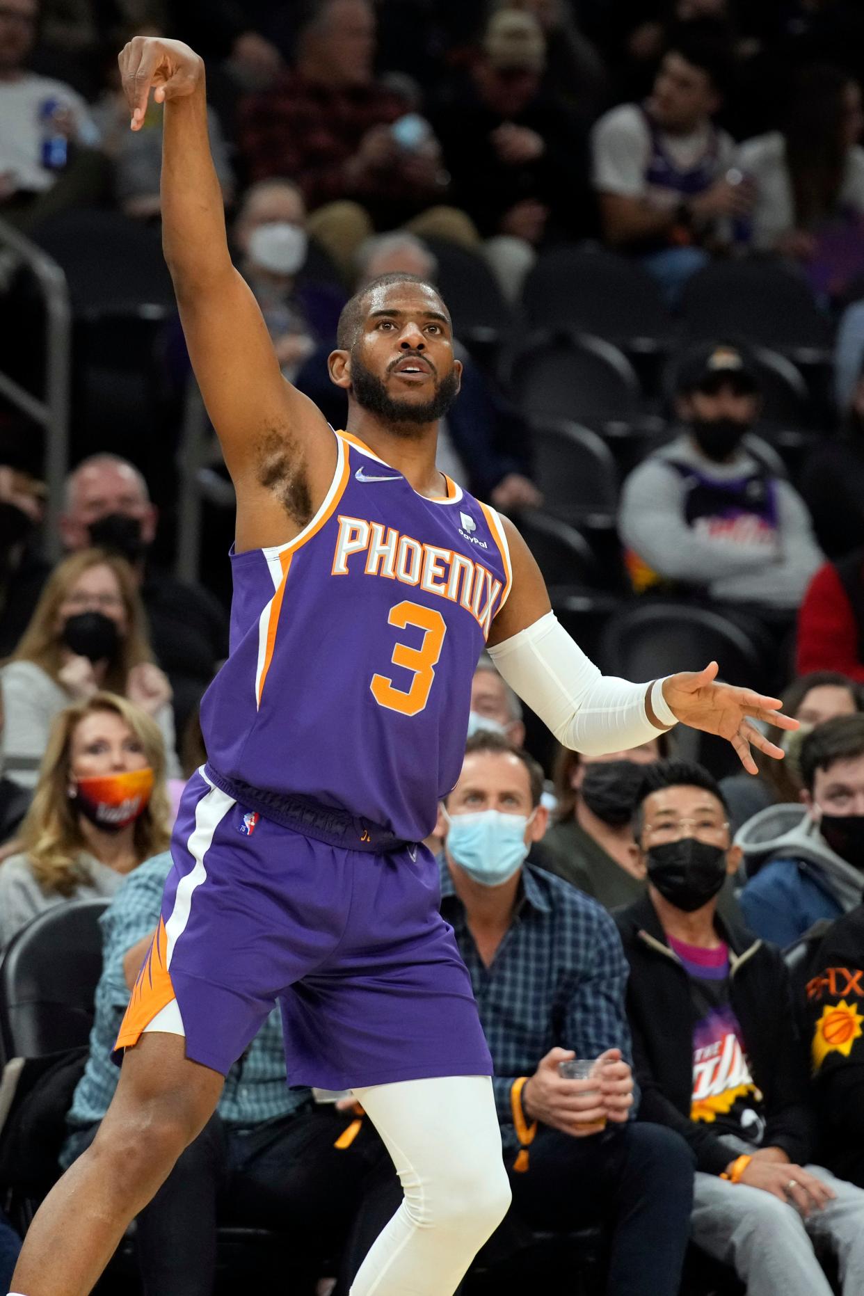 Feb 16, 2022; Phoenix, Arizona, USA; Phoenix Suns guard Chris Paul (3) reacts after scoring against the Houston Rockets at Footprint Center. Mandatory Credit: Rick Scuteri-USA TODAY Sports