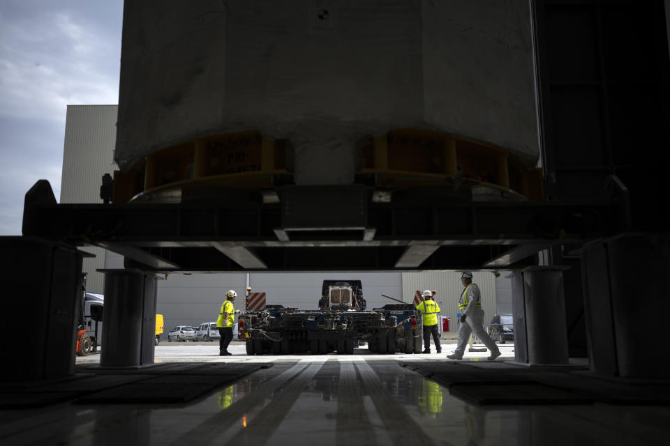 A central solinoid magnet for the ITER project arrives in Saint-Paul-Lez-Durance, France, Thursday, Sept. 9, 2021. Scientists at the International Thermonuclear Experimental Reactor in southern France took delivery of the first part of a massive magnet so strong its American manufacturer claims it can lift an aircraft carrier. (AP Photo/Daniel Cole)