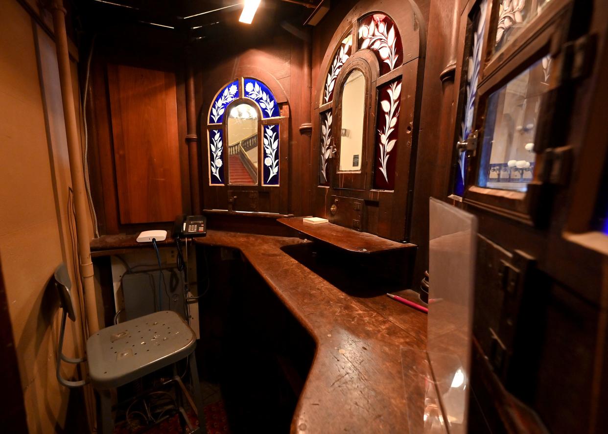 Inside one of the two 1857-era ticket booths at Mechanics Hall.