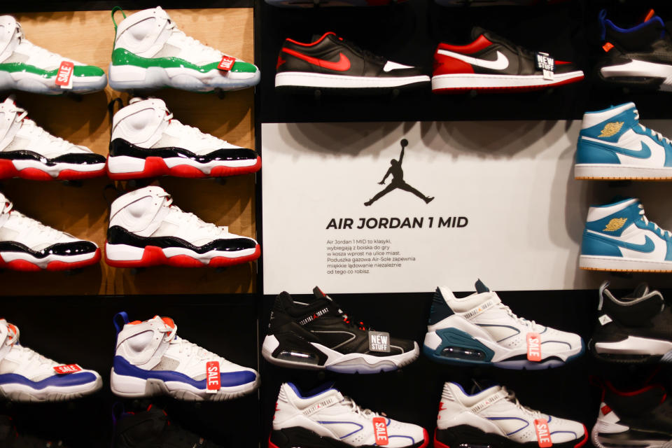 Nike Air Jordan shoes are seen at the store in Krakow, Poland on July 5, 2023. (Photo by Jakub Porzycki/NurPhoto via Getty Images)