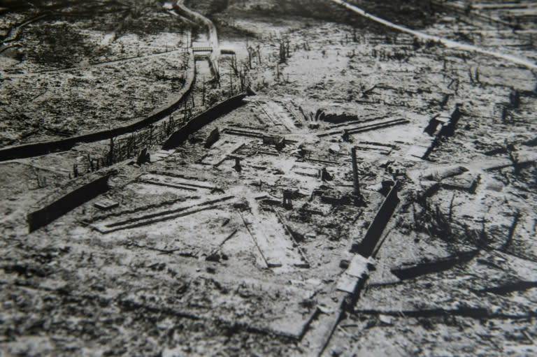 A detail of an aerial picture taken by the US military in the days after the second atomic bomb was dropped on Nagasaki on August 9, 1945