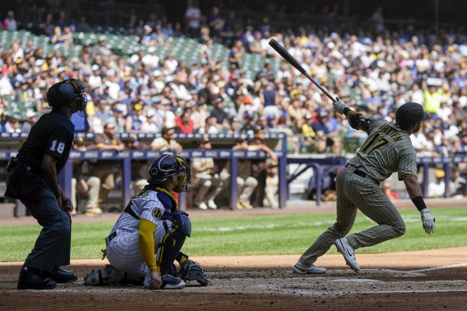 San Diego Padres' Matthew Batten hits a home run hits a home run during the second inning of a baseball game against the Milwaukee Brewers Sunday, Aug. 27, 2023, in Milwaukee. (AP Photo/Morry Gash)