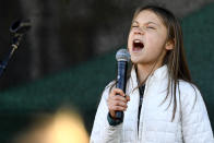 Swedish climate activist Greta Thunberg speaks during a Fridays for Future global climate strike protest, in central Stockholm, Sweden, Friday, Oct. 22, 2021. (Erik Simander/TT via AP)