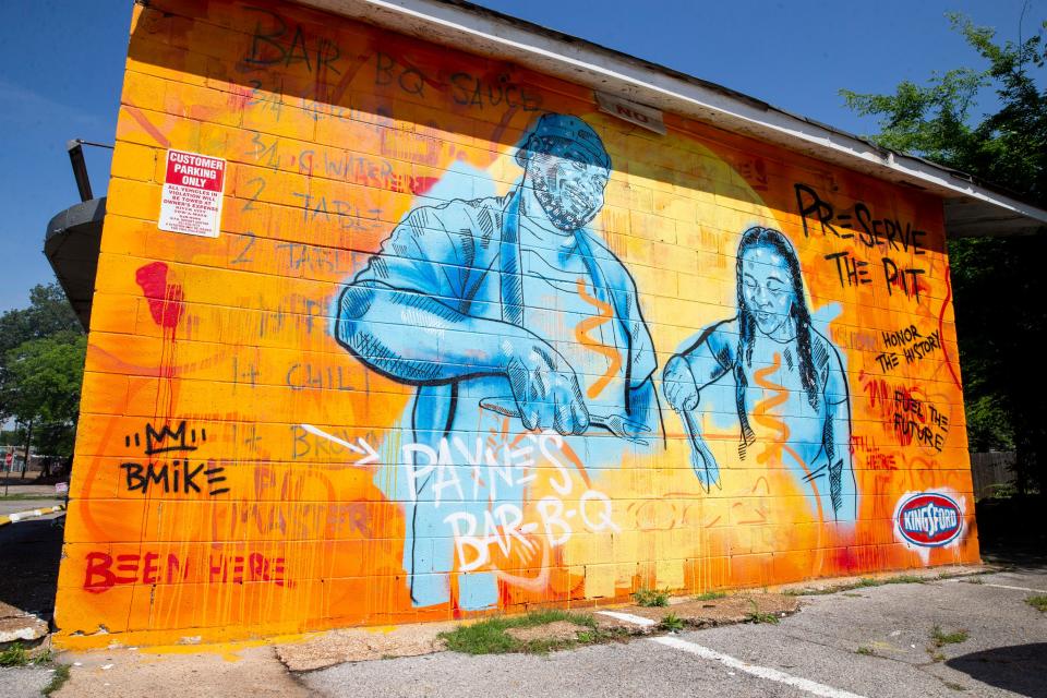 The “Preserve the Pit” mural can be seen on the side of Payne’s Bar-B-Q in Memphis, Tenn., on Thursday, May 18, 2023.