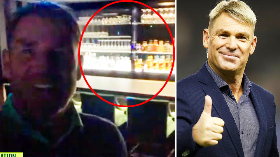 Shane Warne showing off his bar on Skype and giving the thumbs up.