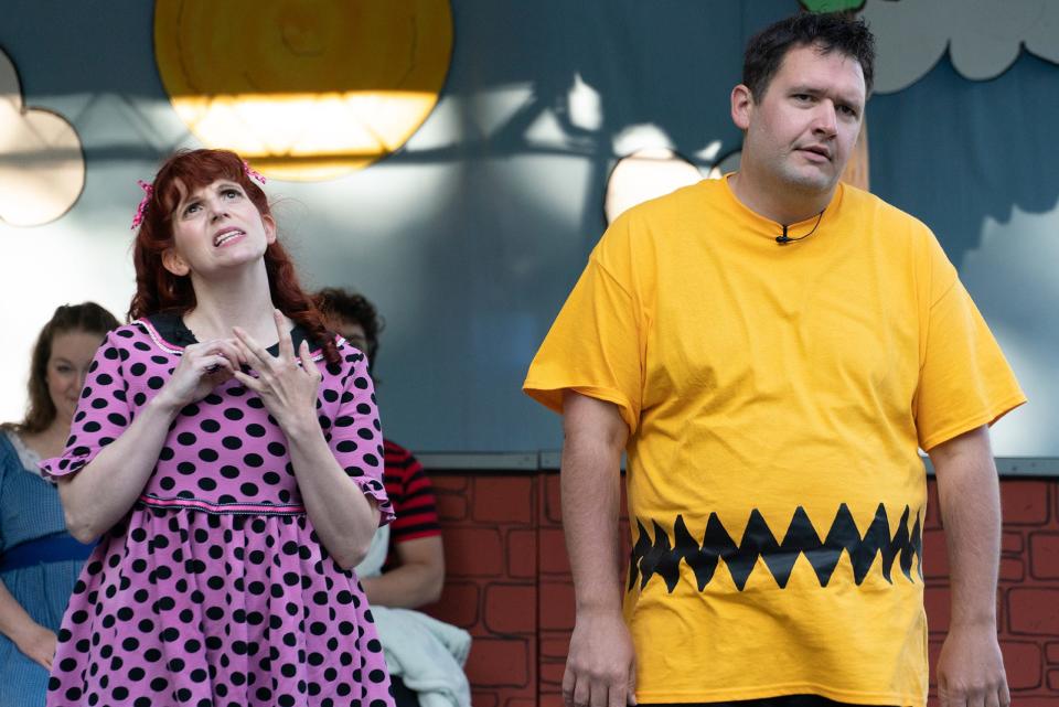 From left, Jamie Lynn Price as Sally and Nick Romano as big brother Charlie Brown in the musical "You're a Good Man, Charlie Brown" at Cotuit Center for the Arts.