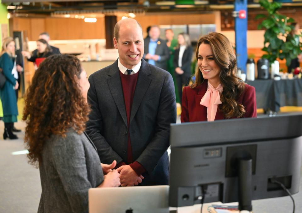 Britain's Prince William and Kate, Princess of Wales speak with startup companies that work at Greentown Labs as they tour the location for a view of green technologies developed in Somerville, Mass. Thursday, Dec. 1 2022. The Prince and Princess of Wales will attend the Earthshot Prize Awards Ceremony in Boston on Friday, according to the Royal Household. (CJ Gunter Pool Photo via AP)
