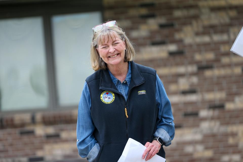 Sharon Dull, lead advisor of the new animal shelter, laughs before the groundbreaking ceremony of Tippecanoe County’s newest animal shelter, Humane Society for Greater Lafayette, on Tuesday, May 2, 2023, in Lafayette, Ind.