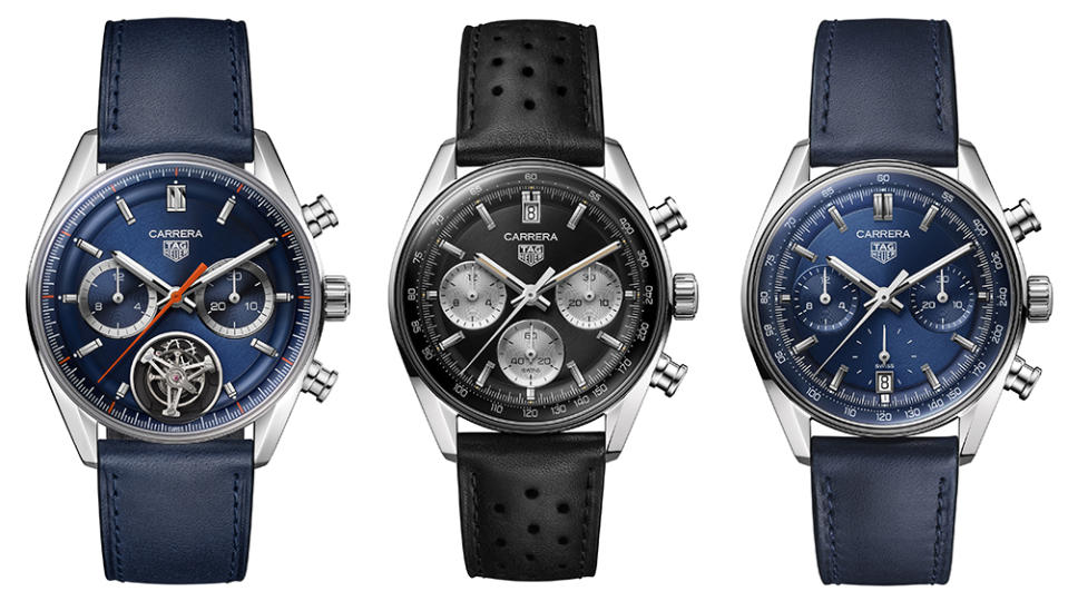 From left to right: Tag Heuer Carrera Chronograph Tourbillion; Tag Heuer Carrera Chronograph in Black; Tag Heuer Carrera Chronograph in Blue