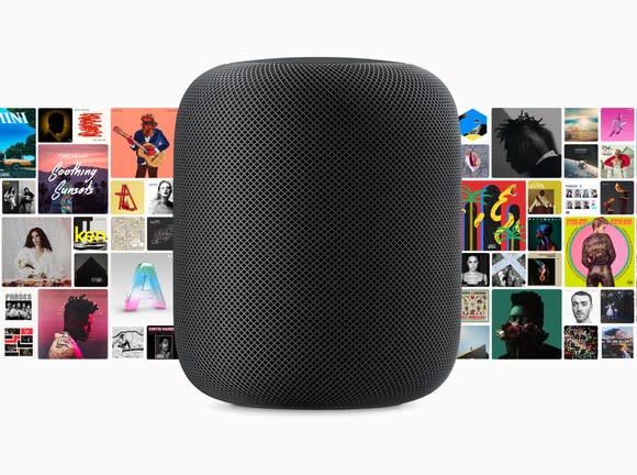 HomePod with album covers in the background