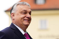 Hungarian Prime Minister Viktor Orban arrives at the V4 meeting in Prague, Czech Republic, Tuesday, Feb. 27, 2024. (AP Photo/Petr David Josek)