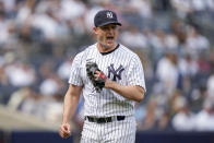 New York Yankees starting pitcher Gerrit Cole (45) reacts after closing his side of the eighth inning of a baseball game against the Minnesota Twins, Sunday, April 16, 2023, in New York. (AP Photo/John Minchillo)