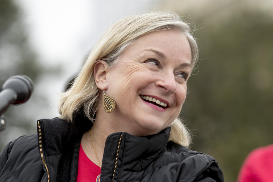 FILE - Rep. Susan Wild, D-Pa., laughs as she speaks at a news conference on Capitol Hill in Washington on Jan. 17, 2019. (AP Photo/Andrew Harnik, File)