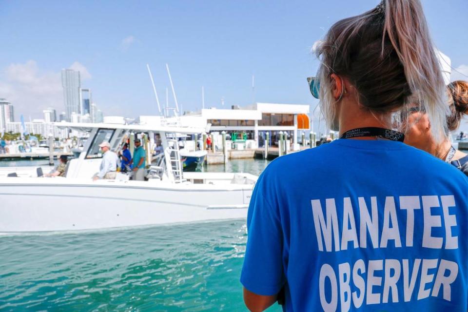 La observadora de manatíes Savannah Renken le pide a un capitán que reduzca la velocidad después de haber visto un manatí en los alrededores de Venetian Marina & Yacht Club durante el Miami International Boat Show en downtown Miami, Florida, el viernes 18 de febrero de 2022. El Boat Show y los reguladores de Miami-Dade no están de acuerdo con las normas de seguridad para los manatíes para el show de 2023.