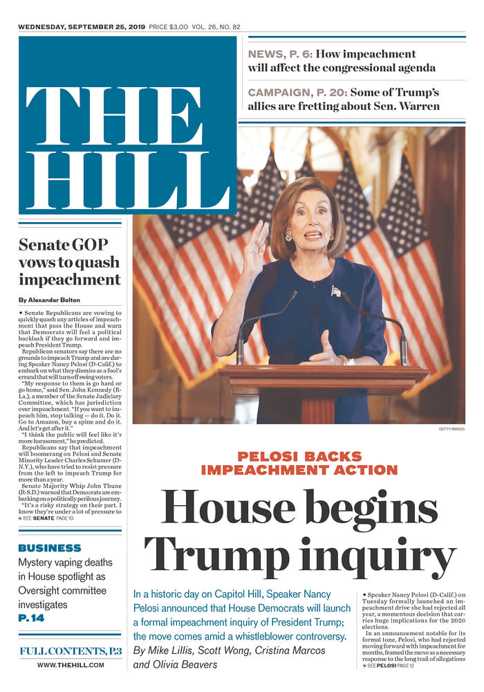 House begins Trump inquiry The Hill Published in Washington, D.C. USA. (newseum.org)