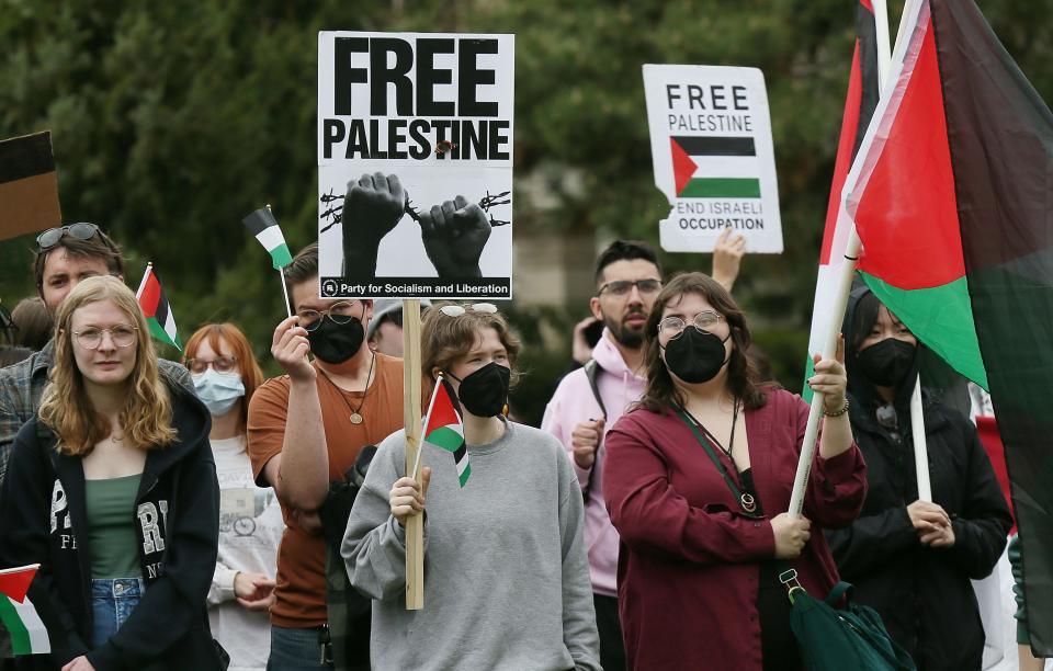 Iowa State University students demonstrate in support of Palestinians at the university's central campus on Wednesday, May 1, 2024, in Ames, Iowa.
